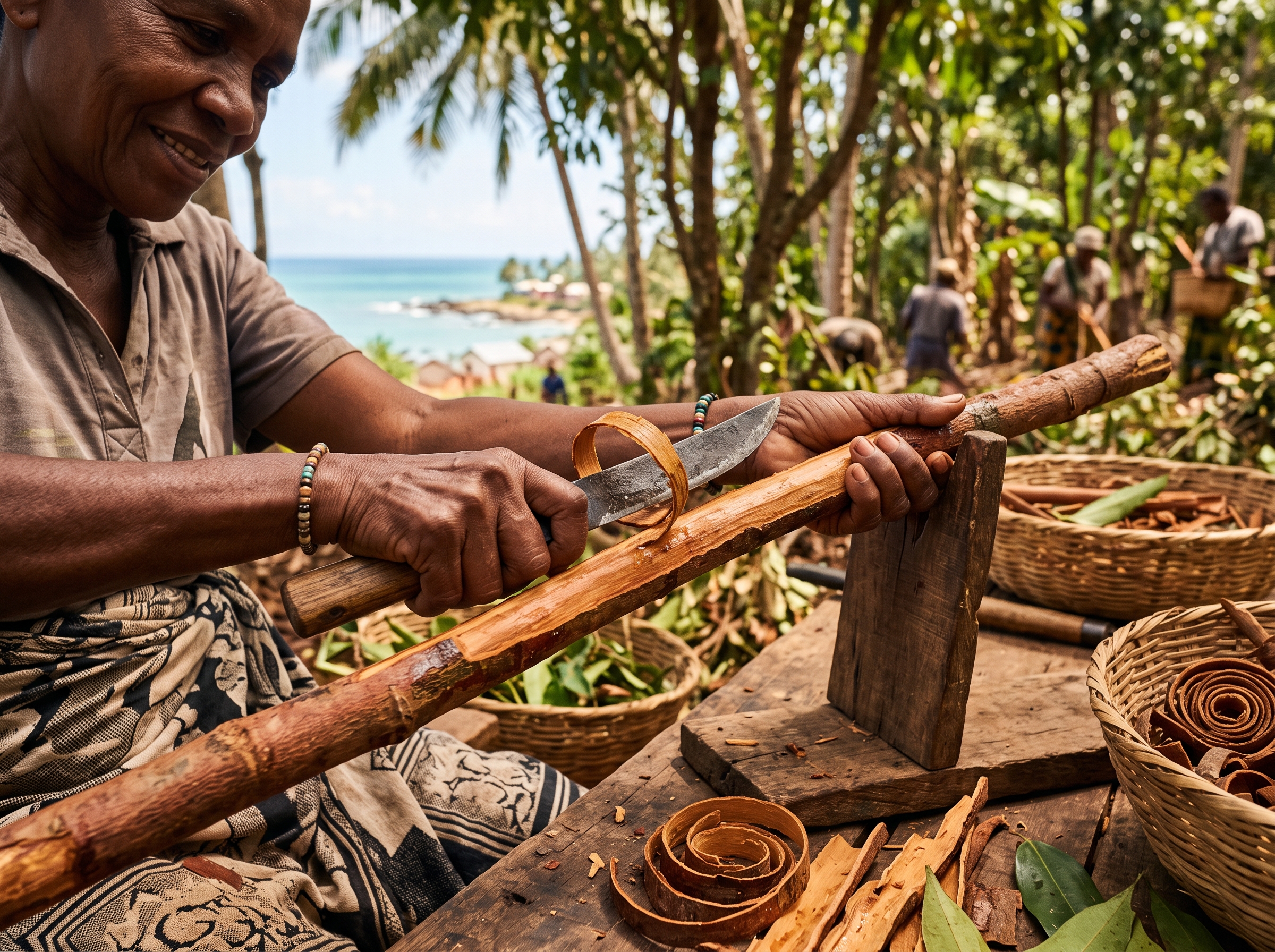 Artisanal harvesting of authentic Ceylon cinnamon sticks in Madagascar coastal fields