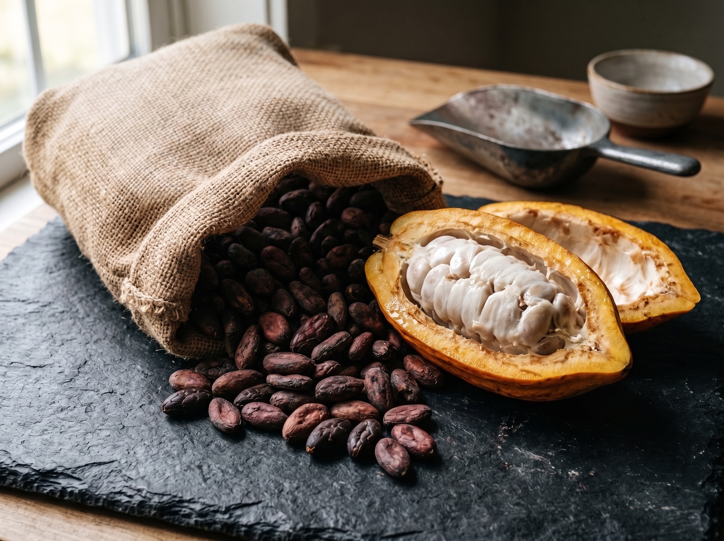 Local Madagascan farmers hand-harvesting bright yellow cocoa pods in the lush Sambirano valley tropical forest